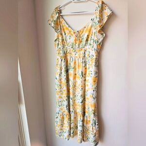 Rachel Zoe Floral Yellow White Dress Midi Flowy Sleeve Pockets Rayon Size XL